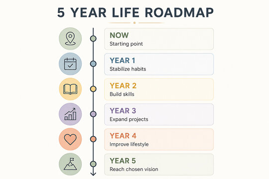 A graphic displays a 5 Year Life Roadmap timeline with stages from Now to Year 5, illustrating personal goal progression.