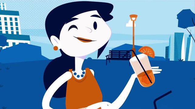 2D Animated Happy Cartoon Girl Character Smiling and Drinking Fruit Juice Cocktail Mocktail on Tropical Beach Resort Vacation Landscape