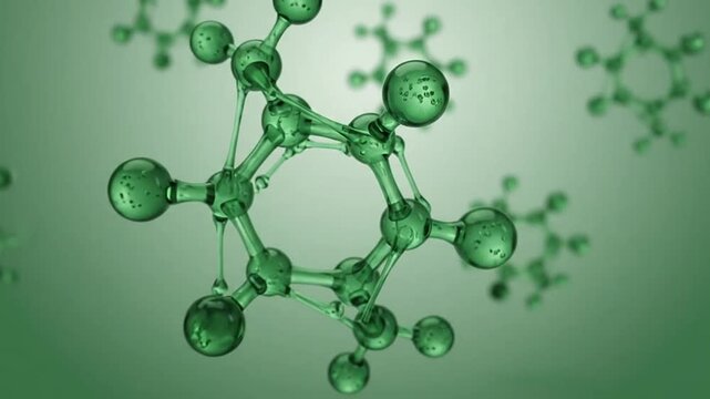 Green molecular structures on scientific blurred background.