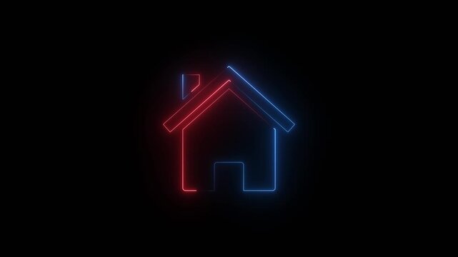 Neon house outline with vibrant red and blue glowing lines on black background