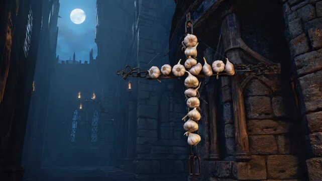 Crucifix made of garlic. Vampire.