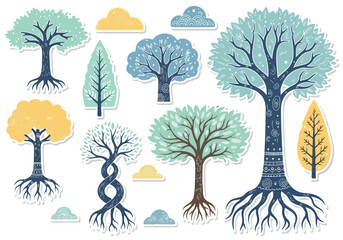 Stylized Tree Collection. Hand Drawn Illustration Set. Whimsical Folk Art. Textured Doodle Graphics. © khafid