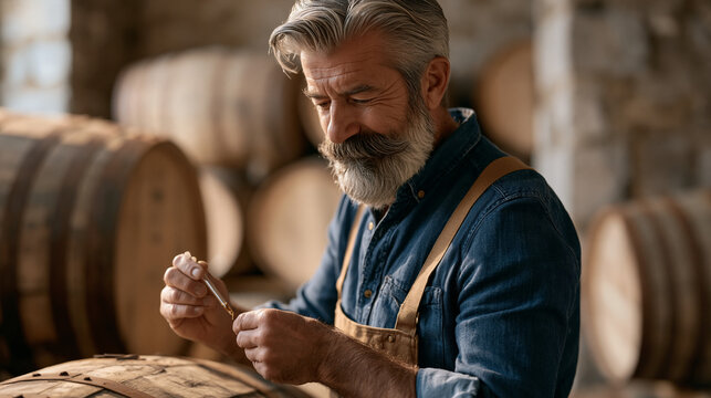 Master distiller at a whiskey distillery draws a sample from a maturing barrel in a stone warehouse, holding a glass pipette to the light, rows of aging casks receding into