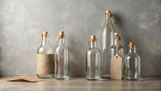 Collection of empty glass bottles with cork stoppers and blank paper labels on rustic wooden surface