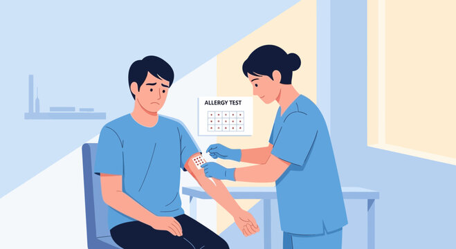 Allergy test in doctor's office with patient and nurse applying bandage