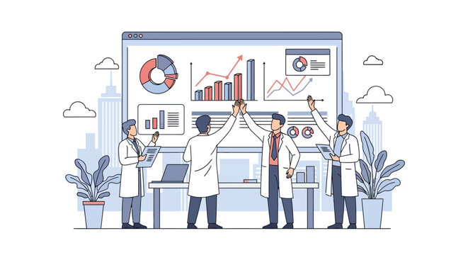 Scientists celebrating success with data charts on screen.