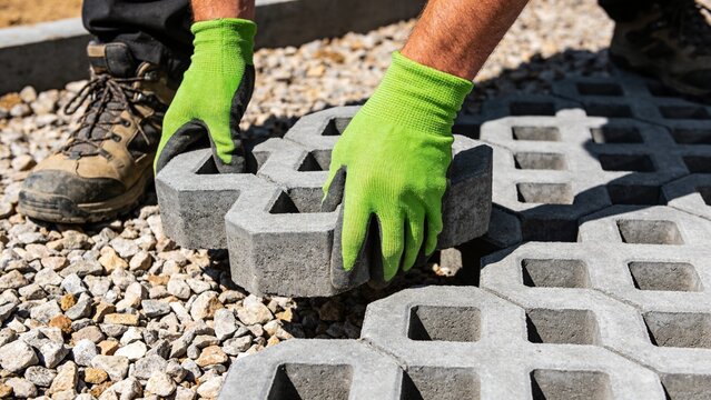 Worker hands laying down interlocking concrete grass pavers for drainage