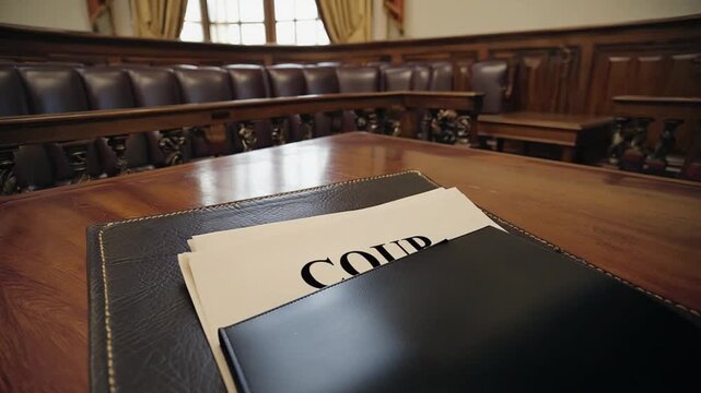 Document of a coup in a courthouse. Coup d'&eacute;tat.