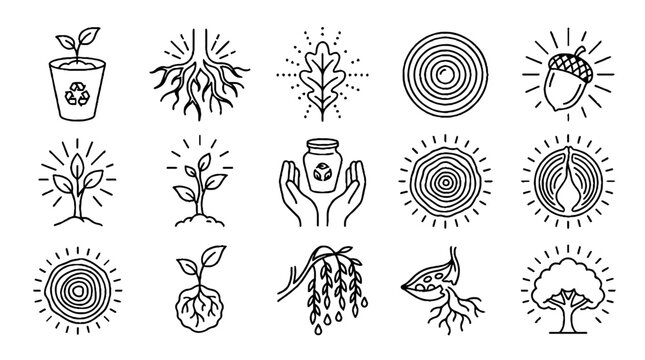 Set of nature and ecology line icons featuring trees leaves roots and growth symbols.