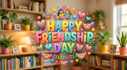 Fototapeta premium Colorful Happy Friendship Day sign in a cozy library with books and plants