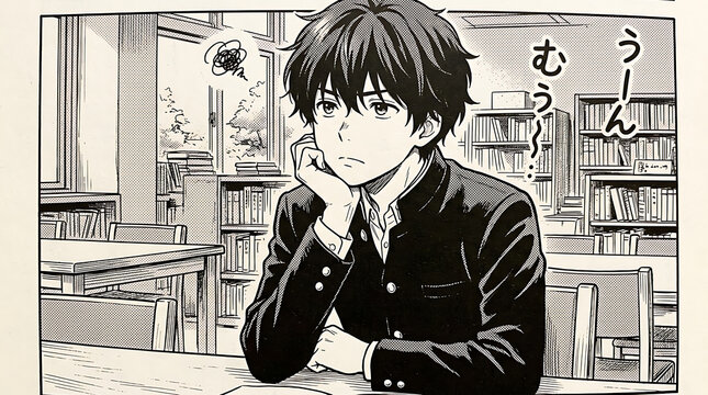 Anime boy sits thoughtfully at a desk in a cluttered library with bookshelves