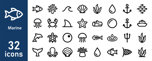 Marine life and ocean icons for sea creatures and elements © liubomir118809
