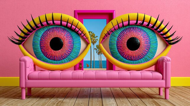 巨大な目玉の背もたれを持つピンクのソファ。超現実的なポップアートの室内装飾。海が見える部屋の幻想的な風景