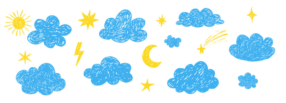 Crayon weather cloud hand drawn naive kids, baby, school background design. Childlike scribble clouds, sun, moon, lightning bolt drawn with chalk weather elements, kid drawings. 