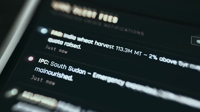 Food security dashboard displaying critical crisis notifications