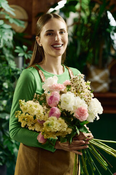 Portrait of young adult Caucasian woman holding flower bouquet and smiling at camera in florist shop, presenting floral retail service. Ideal for small business marketing and ecommerce