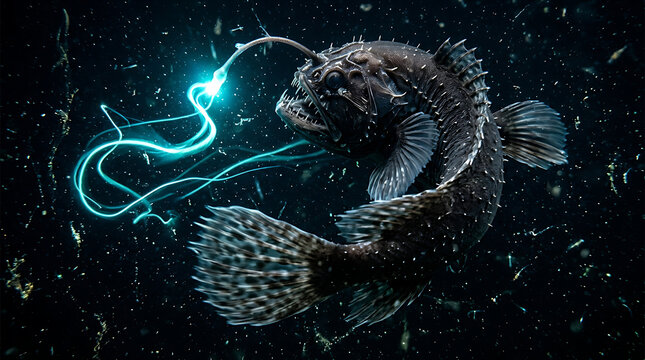 Anglerfish in the deep dark ocean illuminated by its bioluminescent lure on a black background