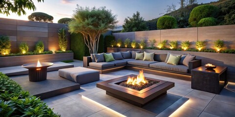 Obraz premium Serene Modern Patio Design with Sectional Sofa, Fire Pit, and Ambient Lighting