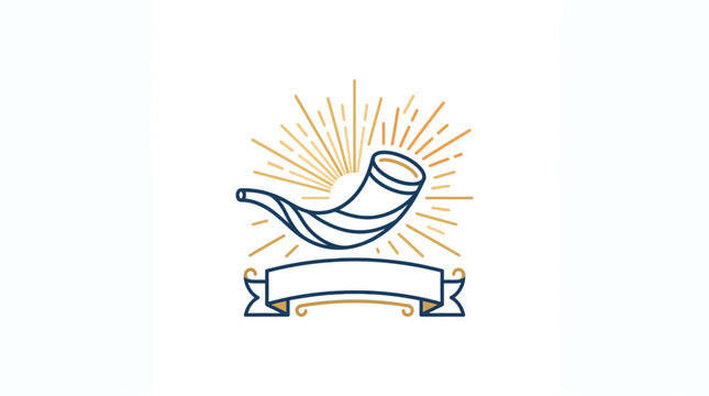 A stylized line art illustration of a shofar horn with a decorative banner and sunburst rays.
