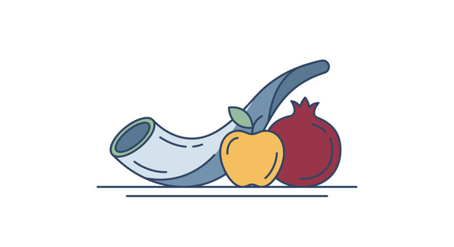 A stylized illustration featuring a shofar horn an apple and a pomegranate for Rosh Hashanah.
