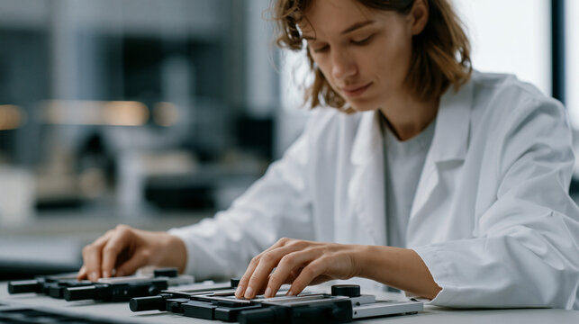 Quality control manager placing two product samples under identical measuring gauges on a lab bench, benchmark comparison concept, manufacturing standards, female professional in
