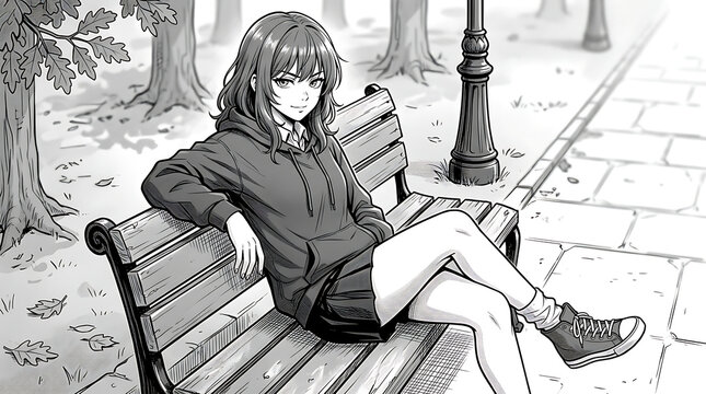 Anime girl sitting alone on park bench crying softly in monochrome