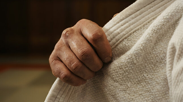Extreme close-up of a martial artist's hand firmly gripping a white judo gi uniform