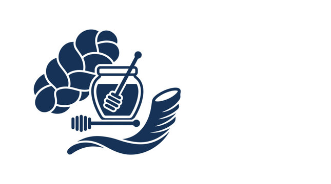 Rosh Hashanah holiday symbols featuring challah bread honey jar and shofar horn.