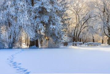 Fototapeta premium From shade to light; Forestry Farm Park in Saskatoon after a fresh snowfall on a sunny but frosty winter day.