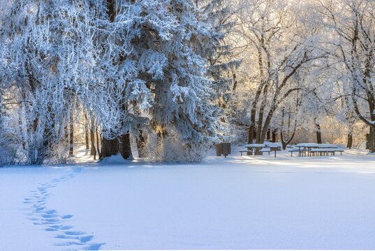 From shade to light; Forestry Farm Park in Saskatoon after a fresh snowfall on a sunny but frosty winter day.