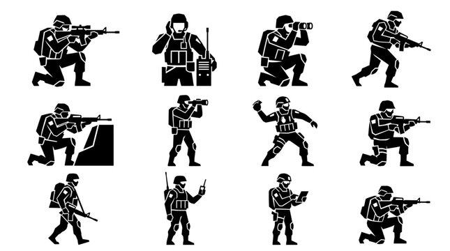 Tactical soldier silhouettes in various combat and scouting poses