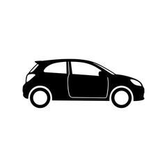 Fototapeta premium Black silhouette of a small hatchback car in profile view, isolated on a white background, simple automotive