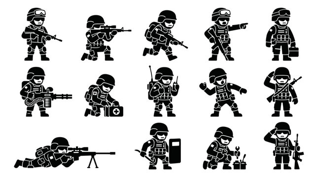 Tactical soldier icons in various combat poses and roles