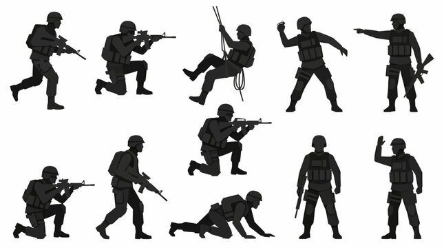 Military personnel silhouettes performing combat maneuvers