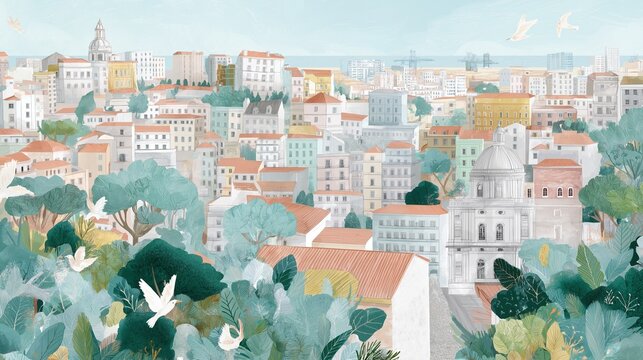教会のドームと密集する建物が描かれたポルトガルの都市風景。白い鳥が舞う緑豊かな街並みのガッシュイラスト。歴史的な建築
