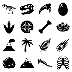 Set of black dinosaur and prehistoric featuring skeletons, fossils, eggs, volcano, palm tree, and meteor on a white background © sabrina1122