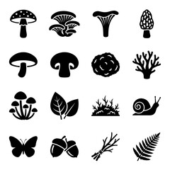 Obraz premium Set of black forest nature featuring various mushrooms, leaves, snail, butterfly, acorn, and twigs on a white background