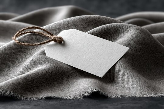 Blank white paper tag with twine string on textured grey fabric background, mockup