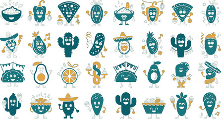 Fototapeta premium Collection of various cartoon food and plant characters in festive poses on a white background for decoration and design