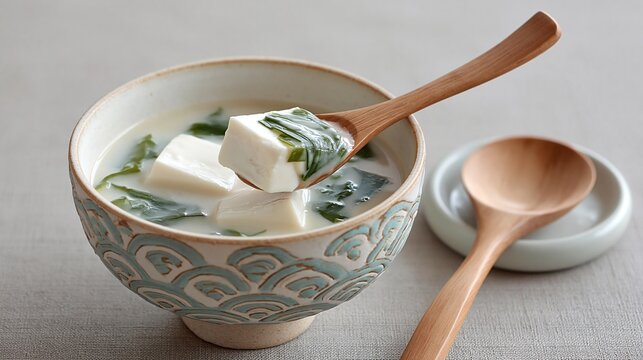 木製スプーンで掬う豆腐とわかめの味噌汁。波模様の器と白濁した出汁。和食のクローズアップ