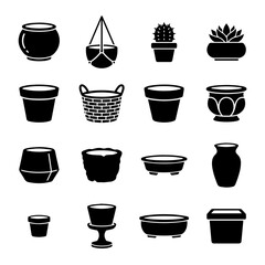 Fototapeta premium Collection of sixteen black depicting various plant pots, hanging planters, cacti, succulents, and ceramic vessels on a white background