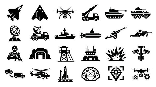 Modern military and defense icons including combat vehicles and gear