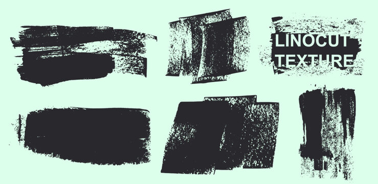 Set of linocut, relief printing. Linocut print stroke, rough grunge stamp, rough smear frame shape, roller paint design. Paint roller stains. Vector paint roller ink brush square texture background.