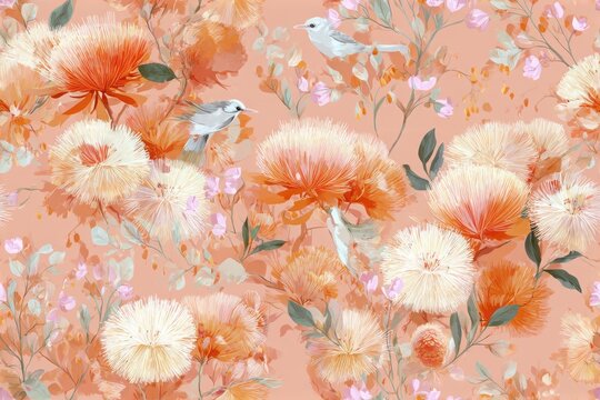 Elegant, delicate seamless repeatable pattern featuring large blooms echidna and hakea flower illustration in soft orange and ivory