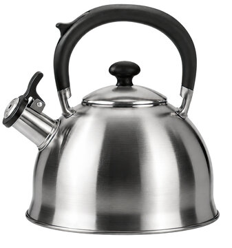 Stainless Steel Whistling Kettle with Black Handle Isolated on Transparent Background