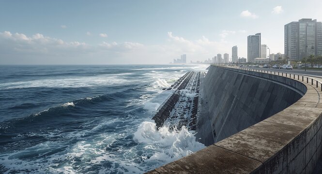 Conceptual illustration of extreme wave wall design with robust concrete barriers deflecting � Nature and Environment Concept for Sustainability and Eco Living