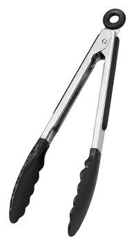 Stainless Steel Kitchen Tongs with Black Silicone Tips Isolated on Transparent Background