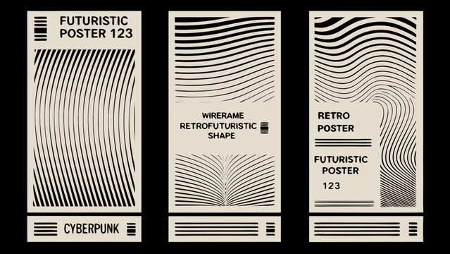Futuristic poster designs featuring parallel lines and geometric shapes presented in a monochrome style abstract aesthetic alignment art
