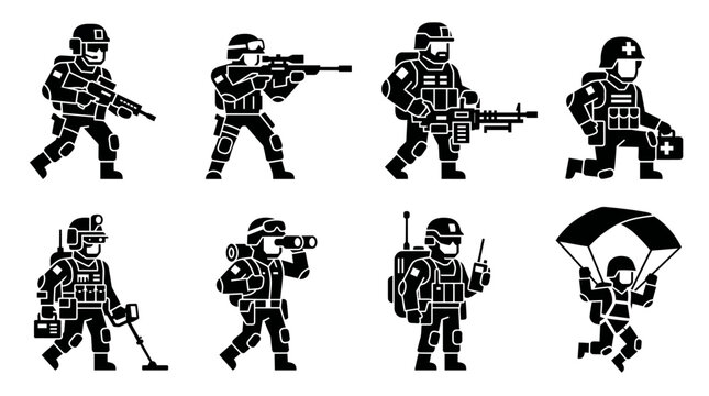 Soldier specialists in various tactical roles and combat positions