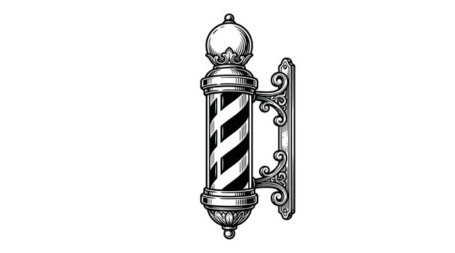 Vintage barber pole with ornate wall bracket in engraving style